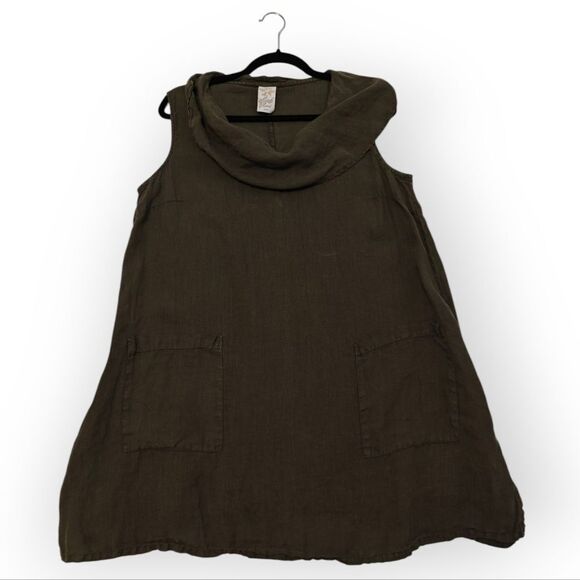 Match Point USA Linen Olive Green Sleeveless Cowl Neck A-Line Tunic - Picture 2 of 6